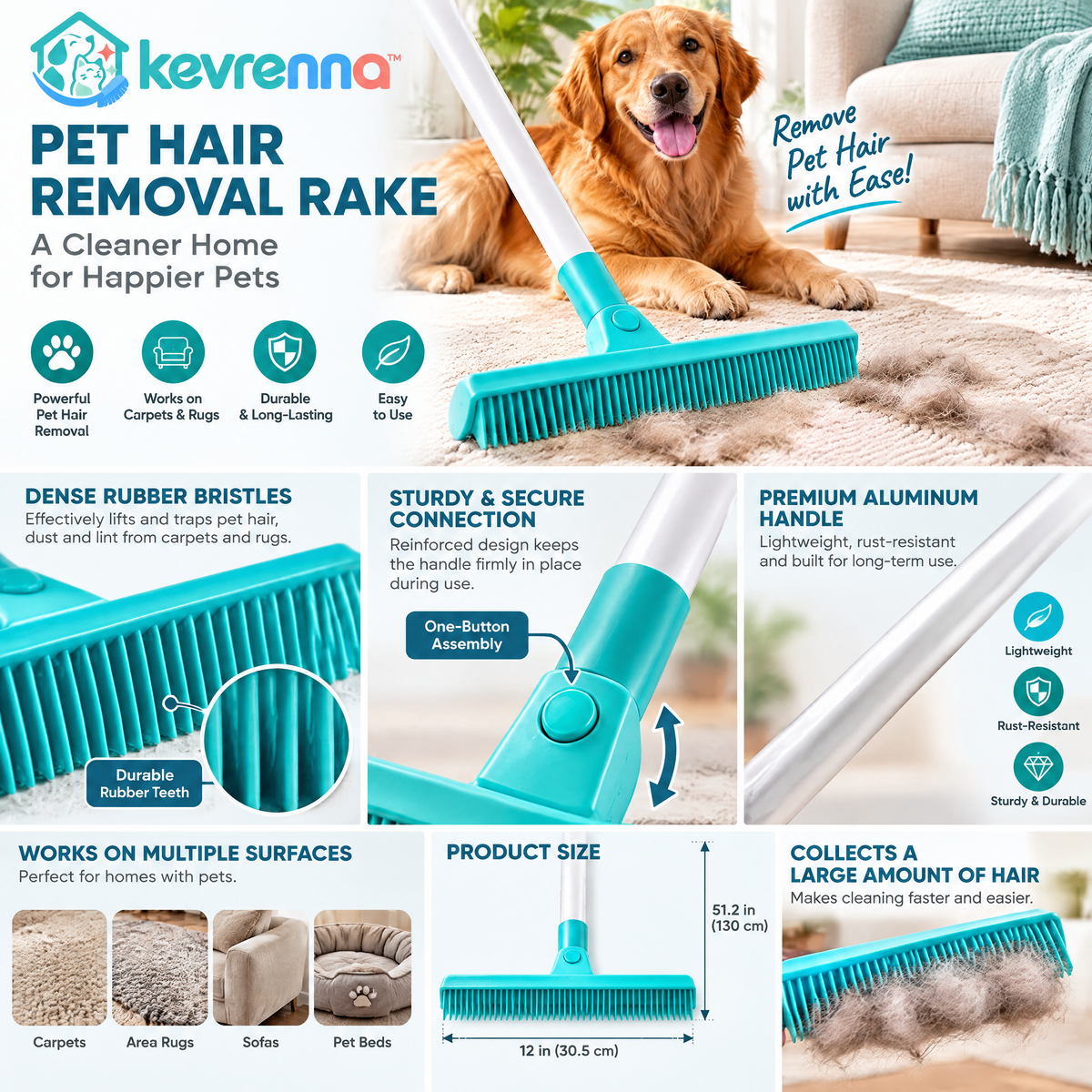 kevrenna™ Long-Handle Carpet Hair Rake